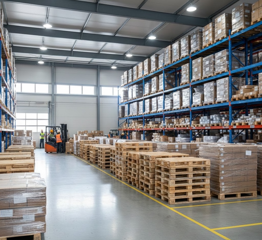 Our warehouse facility with organized pallet inventory
